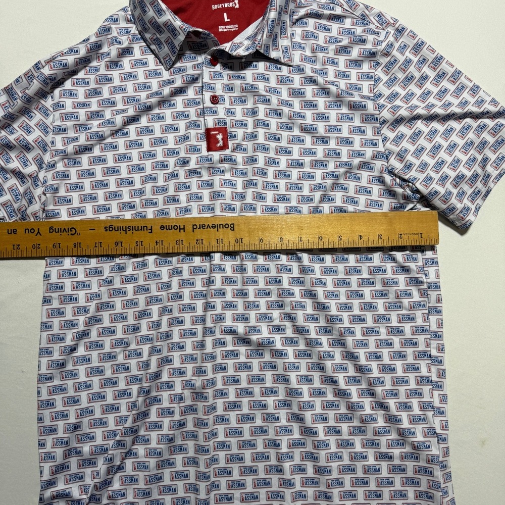 Bogey Bros ASSMAN Golf Polo Shirt Mens Large White License Plate Seinfeld - Picture 3 of 7